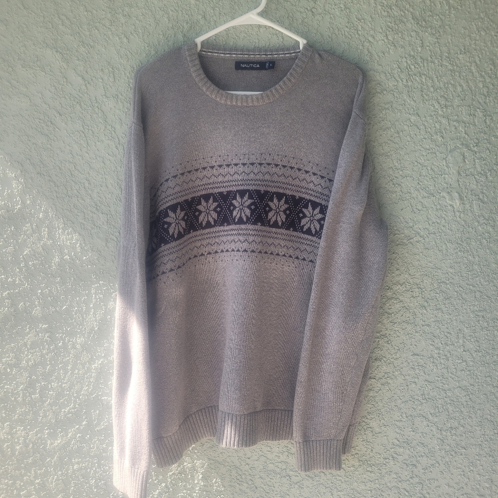 NAUTICA Crewneck Sweater Mens Graphic Sweater Ski Snowflake Nordic Gray - Picture 2 of 6